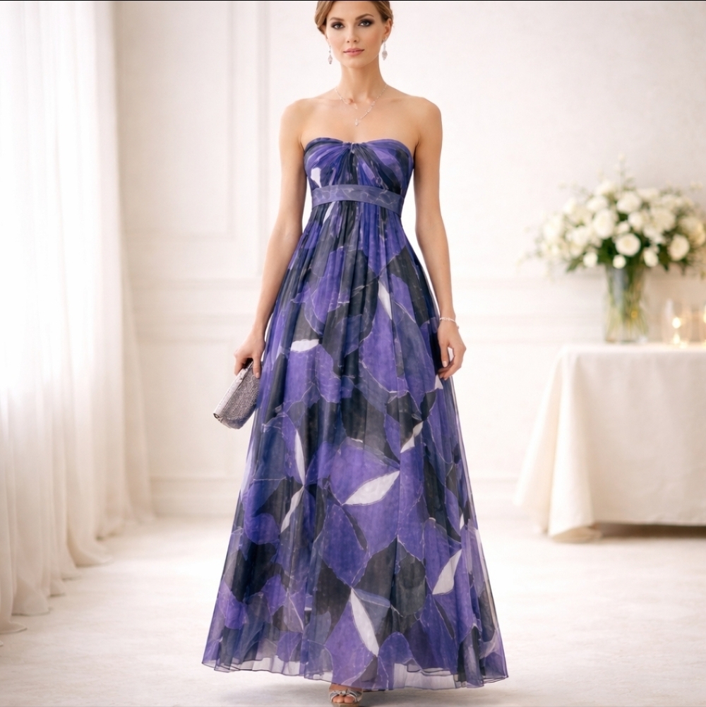 BCBGMaxAzria purple/ silver print strapless flowy silk gown NWT New Sz 0